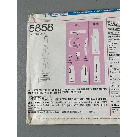 1973 Simplicity 5858 Misses Jiffy Knit Sewing Pattern Size 10 Vest Pant Easy Sew - Picture 4 of 6